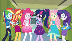 Size: 3410x1920 | Tagged: safe, screencap, fluttershy, pinkie pie, rainbow dash, rarity, sci-twi, sunset shimmer, twilight sparkle, equestria girls, equestria girls specials, g4, my little pony equestria girls: better together, my little pony equestria girls: holidays unwrapped, o come all ye squashful, bowtie, bracelet, clothes, cutie mark, cutie mark on clothes, female, geode of empathy, geode of fauna, geode of sugar bombs, geode of super speed, geode of telekinesis, glasses, hairpin, high res, hoodie, jacket, jewelry, leather, leather jacket, lockers, magical geodes, necklace, ponytail, rarity peplum dress, smiling, tank top