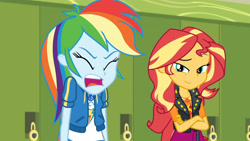 Size: 3410x1920 | Tagged: safe, screencap, rainbow dash, sunset shimmer, equestria girls, equestria girls series, g4, holidays unwrapped, o come all ye squashful, spoiler:eqg series (season 2), clothes, crossed arms, cutie mark, cutie mark on clothes, dreamworks face, eyes closed, female, geode of empathy, geode of super speed, high res, hoodie, jacket, jewelry, leather, leather jacket, lockers, magical geodes, necklace, open mouth, smiling, smug, smugset shimmer