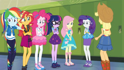 Size: 3410x1920 | Tagged: safe, screencap, applejack, fluttershy, pinkie pie, rainbow dash, rarity, sci-twi, sunset shimmer, twilight sparkle, equestria girls, equestria girls specials, g4, my little pony equestria girls: better together, my little pony equestria girls: holidays unwrapped, o come all ye squashful, applejack's hat, belt, boots, bowtie, bracelet, clothes, cowboy boots, cowboy hat, crossed arms, cutie mark, cutie mark on clothes, denim skirt, female, geode of empathy, geode of fauna, geode of shielding, geode of sugar bombs, geode of super speed, geode of telekinesis, glasses, hairpin, hat, high heels, high res, hoodie, humane five, humane seven, humane six, jacket, jewelry, leather, leather jacket, lockers, magical geodes, necklace, ponytail, rarity peplum dress, sandals, shoes, skirt, tank top