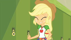 Size: 3410x1920 | Tagged: safe, screencap, applejack, equestria girls, equestria girls specials, g4, my little pony equestria girls: better together, my little pony equestria girls: holidays unwrapped, o come all ye squashful, applejack's hat, belt, clothes, cowboy hat, cute, cutie mark, cutie mark on clothes, denim skirt, eyes closed, female, hat, high res, jackabetes, jewelry, lockers, necklace, skirt, smiling, solo