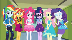 Size: 3410x1920 | Tagged: safe, screencap, fluttershy, pinkie pie, rainbow dash, rarity, sci-twi, sunset shimmer, twilight sparkle, equestria girls, equestria girls specials, g4, my little pony equestria girls: better together, my little pony equestria girls: holidays unwrapped, o come all ye squashful, bowtie, bracelet, clothes, crossed arms, cute, cutie mark, cutie mark on clothes, eyes closed, female, geode of empathy, geode of fauna, geode of shielding, geode of sugar bombs, geode of super speed, geode of telekinesis, glasses, grin, hairpin, hand on hip, high res, hoodie, jacket, jewelry, leather, leather jacket, lockers, magical geodes, necklace, ponytail, rah rah skirt, raribetes, rarity peplum dress, skirt, smiling, tank top, varying degrees of want