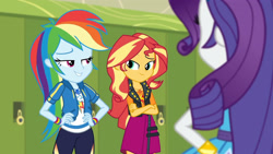 Size: 3410x1920 | Tagged: safe, screencap, rainbow dash, rarity, sunset shimmer, equestria girls, equestria girls series, g4, holidays unwrapped, o come all ye squashful, spoiler:eqg series (season 2), bracelet, clothes, crossed arms, cutie mark, cutie mark on clothes, female, geode of empathy, geode of super speed, hand on hip, high res, hoodie, jacket, jewelry, leather, leather jacket, lockers, magical geodes, necklace, rarity peplum dress, smiling