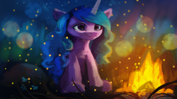 Size: 3840x2160 | Tagged: safe, artist:hierozaki, izzy moonbow, firefly (insect), insect, pony, unicorn, g5, my little pony: a new generation, spoiler:my little pony: a new generation, campfire, cute, female, fire, high res, izzybetes, mare, night, scene interpretation, sitting, smiling, solo