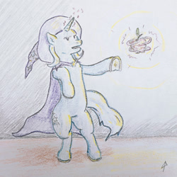 Size: 1280x1280 | Tagged: safe, artist:docard, trixie, pony, unicorn, g4, apple, bipedal, cape, clothes, female, food, hat, solo, traditional art, trixie's cape, trixie's hat