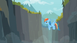 Size: 1280x720 | Tagged: safe, screencap, rainbow dash, pegasus, pony, g4, animated, dun dun dun, female, flying, mare, mountain, multicolored hair, multicolored mane, multicolored tail, outdoors, rainbow hair, rainbow tail, solo, sound, spread wings, tail, tree, webm, wings