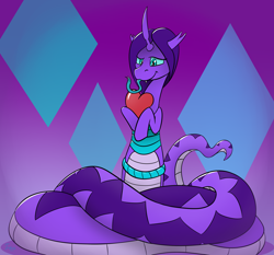 Size: 3104x2896 | Tagged: safe, artist:triksa, oc, oc:lazy tentacle, changeling, lamia, original species, coils, forked tongue, heart, high res, long tongue, simple background, tongue out