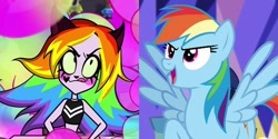 Size: 1000x500 | Tagged: safe, screencap, rainbow dash, cat, pegasus, pony, equestria girls, equestria girls specials, g4, my little pony equestria girls: better together, my little pony equestria girls: spring breakdown, clothes, comparison, female, human pony dash, multicolored hair, open mouth, pinky (teen-z), rainbow hair, reference, shirt, solo, spoilers for another series, teen-z, tongue out