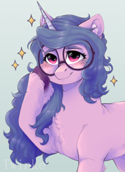Size: 4356x6000 | Tagged: safe, artist:twinkesus, izzy moonbow, pony, unicorn, g5, my little pony: a new generation, absurd resolution, blushing, chest fluff, female, glasses, hoof on cheek, mare, simple background, smiling, solo