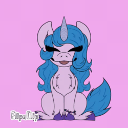 Size: 480x480 | Tagged: safe, artist:tsunamirose08, izzy moonbow, pony, unicorn, g5, my little pony: a new generation, animated, behaving like a dog, bracelet, chest fluff, ear flick, eyes closed, female, jewelry, pink background, simple background, sitting, solo, tongue out