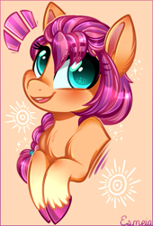 Size: 561x824 | Tagged: safe, artist:esmeia, sunny starscout, earth pony, pony, g5, my little pony: a new generation, blushing, bust, cheek fluff, chest fluff, cute, female, simple background, solo, sunnybetes