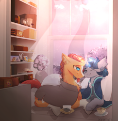 Size: 1389x1427 | Tagged: safe, artist:nyota71, stygian, sunburst, pony, unicorn, g4, accessory swap, bookshelf, cape, clothes, colored pupils, commission, cup, curtains, curved horn, duo, framed picture, gay, hoof hold, horn, looking at each other, lying down, male, prone, ship in a bottle, shipping, smiling, smiling at each other, stallion, styburst, teacup, unshorn fetlocks, window