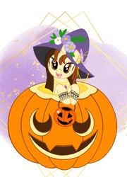 Size: 750x1042 | Tagged: safe, artist:al-abbasi, oc, oc only, pony, unicorn, female, flower, halloween, hat, holiday, jack-o-lantern, partial background, pumpkin, solo, witch hat