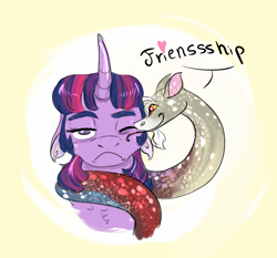 Size: 1500x1400 | Tagged: safe, artist:miyalaflordorada, discord, twilight sparkle, draconequus, pony, snake, g4, curved horn, female, floppy ears, friendshipping, frown, heart, hisscord, horn, licking, one eye closed, one eye open, ponytober, species swap, tongue out, unamused