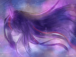 Size: 1112x834 | Tagged: safe, artist:inxinfate, twilight sparkle, alicorn, pony, unicorn, g4, bust, crying, curved horn, female, horn, sad, solo, stars, the cosmos, twilight sparkle (alicorn)