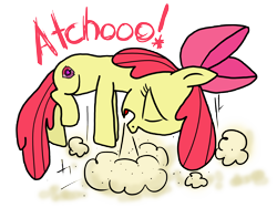 Size: 8700x6548 | Tagged: safe, artist:anyponedrawn, apple bloom, earth pony, pony, g4, absurd resolution, apple bloom's bow, bow, eyes closed, female, filly, hair bow, onomatopoeia, open mouth, red mane, red tail, simple background, sneezing, solo, tail, transparent background