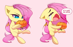 Size: 1280x836 | Tagged: safe, artist:shavurrr, fluttershy, bat pony, pony, adorable distress, bat ponified, biting, crying, cute, eye clipping through hair, eyes closed, female, flutterbat, herbivore, open mouth, pink background, pumpkin, race swap, sad, shyabates, shyabetes, simple background, solo