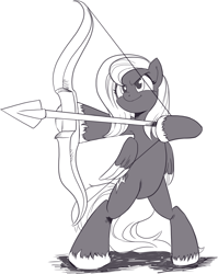 Size: 1424x1789 | Tagged: safe, artist:nauyaco, oc, oc only, pegasus, pony, armpits, arrow, bipedal, bow (weapon), bow and arrow, dexterous hooves, female, mare, monochrome, solo, weapon