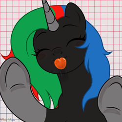 Size: 1500x1500 | Tagged: safe, artist:nika-rain, oc, oc only, oc:thinkpony, pony, unicorn, bust, commission, cute, female, licking the fourth wall, portrait, simple background, solo, tongue out, ych result