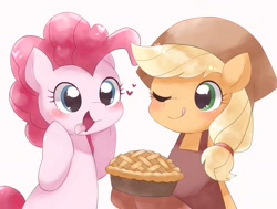 Size: 2061x1558 | Tagged: safe, artist:ginmaruxx, applejack, pinkie pie, earth pony, pony, g4, apple, apple pie, blushing, cute, diapinkes, duo, duo female, female, food, heart, jackabetes, mare, one eye closed, open mouth, open smile, pie, simple background, smiling, tongue out, white background