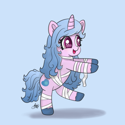Size: 2160x2160 | Tagged: safe, artist:limitmj, izzy moonbow, pony, unicorn, g5, my little pony: a new generation, bipedal, blue background, cute, eye clipping through hair, female, high res, izzybetes, mare, mummy, mummy costume, open mouth, open smile, simple background, smiling, solo