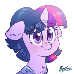 Size: 2000x2000 | Tagged: safe, artist:fluffyxai, twilight sparkle, alicorn, pony, g4, the last problem, alternate hairstyle, blushing, bust, clothes, coronation dress, cute, dress, female, floppy ears, high res, looking at you, portrait, simple background, smiling, smiling at you, solo, twiabetes, twilight sparkle (alicorn), white background