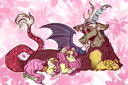 Size: 2048x1366 | Tagged: safe, artist:skajoodskadood, discord, fluttershy, draconequus, pegasus, pony, g4, alternate design, bat wings, crossed arms, female, flower, looking at each other, lying down, male, mare, prone, ship:discoshy, shipping, smiling, smiling at each other, straight, white outline, wings