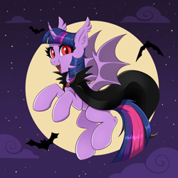 Size: 4000x4000 | Tagged: safe, artist:confetticakez, twilight sparkle, alicorn, bat, bat pony, bat pony alicorn, pony, g4, absurd resolution, bat ponified, bat wings, cape, clothes, ear fluff, ear tufts, fangs, female, flying, full moon, horn, looking at you, moon, night, night sky, open mouth, open smile, race swap, red eyes, sky, smiling, smiling at you, solo, spread wings, twibat, twilight sparkle (alicorn), wings