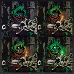 Size: 2684x2684 | Tagged: safe, artist:st. oni, oc, oc only, oc:sekai, anthro, 4 panel comic, 4koma, ankh, anthro oc, armor, bust, candle, comic, commission, darkest dungeon, fangs, green eyes, green mane, high res, magic, no eyes, occultist, pony skull, portrait, skull, solo, variant
