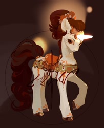 Size: 1751x2160 | Tagged: safe, artist:yanisfucker, oc, oc only, earth pony, pony, adoptable, artificial horn, female, glowing, glowing horn, horn, mare, obtrusive watermark, raised hoof, saddle, solo, tack, tail, tail wrap, watermark