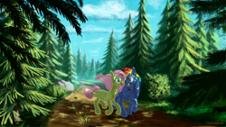 Size: 2560x1440 | Tagged: safe, artist:rockmedved, fluttershy, rainbow dash, pegasus, pony, g4, duo, female, forest, lesbian, running, scenery, ship:flutterdash, shipping, trail, tree