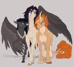 Size: 2100x1900 | Tagged: safe, artist:dementra369, oc, oc only, oc:coffin, oc:ruby drop, oc:spring wind, earth pony, pegasus, pony, unicorn, collar, grin, leonine tail, scar, smiling, tail, wings