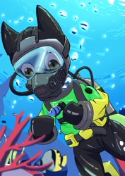 Size: 2150x3035 | Tagged: safe, artist:chef-cheiro, oc, oc only, oc:sea glow, fish, pegasus, pony, air tank, bubble, coral, diving, drysuit, full face mask, high res, rubber, scuba diving, scuba gear, solo, underwater, weight belt