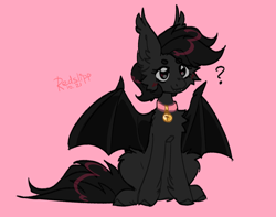 Size: 1560x1230 | Tagged: safe, artist:redslipp, oc, oc only, oc:tar, oc:tar puddle, bat pony, pony, behaving like a cat, bell, bell collar, blushing, collar, cute, fluffy, pet, pony pet, question mark, simple background, sitting, smiling, solo, spread wings, wings