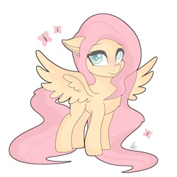 Size: 1500x1500 | Tagged: safe, artist:kreedie, fluttershy, butterfly, pegasus, pony, g4, chest fluff, cute, female, floppy ears, looking at you, mare, shyabetes, simple background, smiling, solo, spread wings, standing, three quarter view, white background, wings
