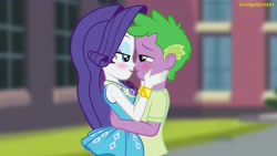 Size: 3640x2048 | Tagged: safe, artist:georgegarza01, part of a set, rarity, spike, equestria girls, g4, blushing, boyfriend and girlfriend, duo, eye contact, female, geode of shielding, high res, human spike, imminent kissing, looking at each other, magical geodes, male, open mouth, open smile, part of a series, rarity peplum dress, ship:sparity, shipping, show accurate, smiling, smiling at each other, story in the comments, straight
