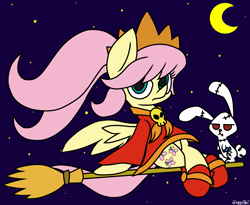 Size: 2527x2072 | Tagged: safe, artist:derpyalex2, angel bunny, fluttershy, pegasus, pony, g4, ashley, broom, flying, flying broomstick, halloween, high res, holiday, moon, night, nintendo, stars, warioware, witch