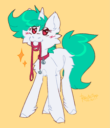 Size: 1291x1500 | Tagged: safe, artist:redslipp, oc, oc only, oc:hazel, pony, unicorn, behaving like a dog, bell, bell collar, blushing, collar, cute, excited, fluffy, leash, pet, pony pet, puppy dog eyes, simple background, smiling, solo, sparkles