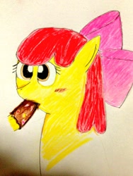 Size: 769x1024 | Tagged: safe, artist:おーりん, apple bloom, earth pony, pony, g4, chocolate, female, filly, food, solo, traditional art