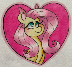 Size: 1024x968 | Tagged: safe, artist:lacedra, fluttershy, pony, g4, blushing, bust, colored ears, eyelashes, female, heart, looking away, looking up, mare, portrait, solo, three quarter view, traditional art