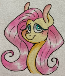 Size: 1024x1204 | Tagged: safe, artist:lacedra, fluttershy, pony, g4, blushing, bust, colored ears, eyelashes, female, looking at you, mare, portrait, solo, three quarter view, traditional art