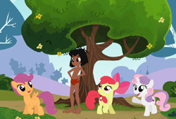 Size: 1148x782 | Tagged: safe, artist:ocean lover, apple bloom, scootaloo, sweetie belle, human, pony, equestria girls, g4, barefoot, belly button, curious, cutie mark crusaders, disney, equestria girls-ified, feet, flower, grass, house, jungle book, loincloth, mowgli, outdoors, path, sky, tree
