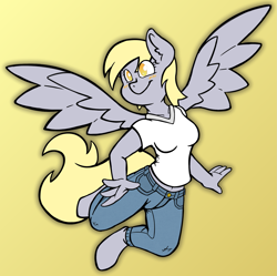 Size: 1805x1797 | Tagged: safe, artist:mc_arts, derpy hooves, pegasus, anthro, unguligrade anthro, g4, clothes, female, gradient background, jeans, pants, shirt, solo, spread wings, t-shirt, wings