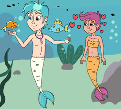 Size: 1795x1608 | Tagged: safe, artist:ocean lover, scootaloo, terramar, fish, merboy, mermaid, merman, g4, bandeau, belly button, bubble, chest, cute, disney style, female, fins, fish tail, floating heart, heart, humanized, in love, jewelry, lidded eyes, male, mermaid tail, mermaidized, midriff, necklace, ocean, pearl necklace, plant, rock, seaweed, shadow, ship:terraloo, shipping, species swap, straight, tail, teenager, underwater