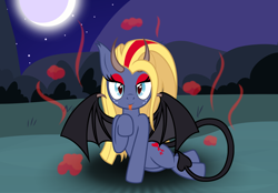 Size: 3062x2127 | Tagged: safe, artist:badumsquish, derpibooru exclusive, star tracker, ghost, incubus, monster pony, original species, succubus, undead, g4, :p, alternate hairstyle, bedroom eyes, bush, devil tail, eyeshadow, female, femboy, field, folded wings, forked tongue, freckles, full moon, high res, horns, long mane, looking at you, makeup, male, moon, night, possessed, show accurate, smoke, solo, species swap, starcrossed, stars, tail, tongue out, trap, tree, wings