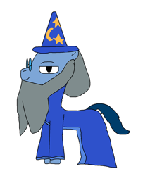Size: 1280x1502 | Tagged: safe, artist:blazewing, oc, oc only, oc:syntax, pony, unicorn, clothes, costume, disney, drawpile, fake beard, glasses, halloween, halloween 2021, hat, holiday, male, nightmare night, nightmare night 2021, simple background, smiling, solo, stallion, white background, wizard hat, wizard robe, yen sid
