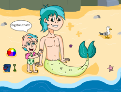Size: 1716x1305 | Tagged: safe, artist:ocean lover, coral currents, sandbar, bird, human, merboy, merman, seagull, starfish, g4, baby, beach, beach ball, belly button, brother and sister, bucket, chest, child, cliff, clothes, cute, daaaaaaaaaaaw, disney style, female, fins, fish tail, floaty, green eyes, grin, happy, humanized, looking down, looking up, male, mermaid tail, mermaidized, ocean, older coral currents, one-piece swimsuit, open mouth, open smile, raised tail, sand, sandabetes, shadow, shell, shovel, siblings, smiling, species swap, stairs, swimsuit, tail, teenager, teeth, water, word bubble