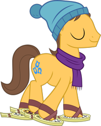 Size: 2471x3087 | Tagged: safe, artist:frownfactory, caramel, earth pony, pony, g4, background pony, clothes, eyes closed, hat, high res, male, scarf, simple background, smiling, solo, stallion, transparent background, vector, winter hat, winter outfit