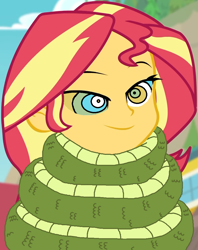 Size: 789x998 | Tagged: safe, artist:ocean lover, edit, edited screencap, screencap, sunset shimmer, chimera, snake, equestria girls, equestria girls specials, g4, my little pony equestria girls: better together, my little pony equestria girls: forgotten friendship, blurry background, coiling, coils, hypnosis, hypnotized, kaa eyes, lidded eyes, mind control, scales, sleepy, smiling, squeeze, squeezing, tail, tail wrap, wrapped up