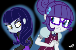 Size: 980x646 | Tagged: safe, artist:mysterycorner, moonlight raven, rarity, equestria girls, g4, my little pony equestria girls: friendship games, alternate hairstyle, alternate universe, equestria girls-ified, female, glasses, looking at each other, simple background