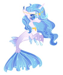 Size: 1280x1525 | Tagged: safe, artist:tuttyfruitcutie, oc, oc only, seapony (g4), unicorn, base used, blue eyes, blue mane, bubble, commission, dorsal fin, female, fins, fish tail, flowing mane, flowing tail, horn, jewelry, looking at you, necklace, regalia, scales, seaponified, simple background, smiling, solo, species swap, tail, transparent background